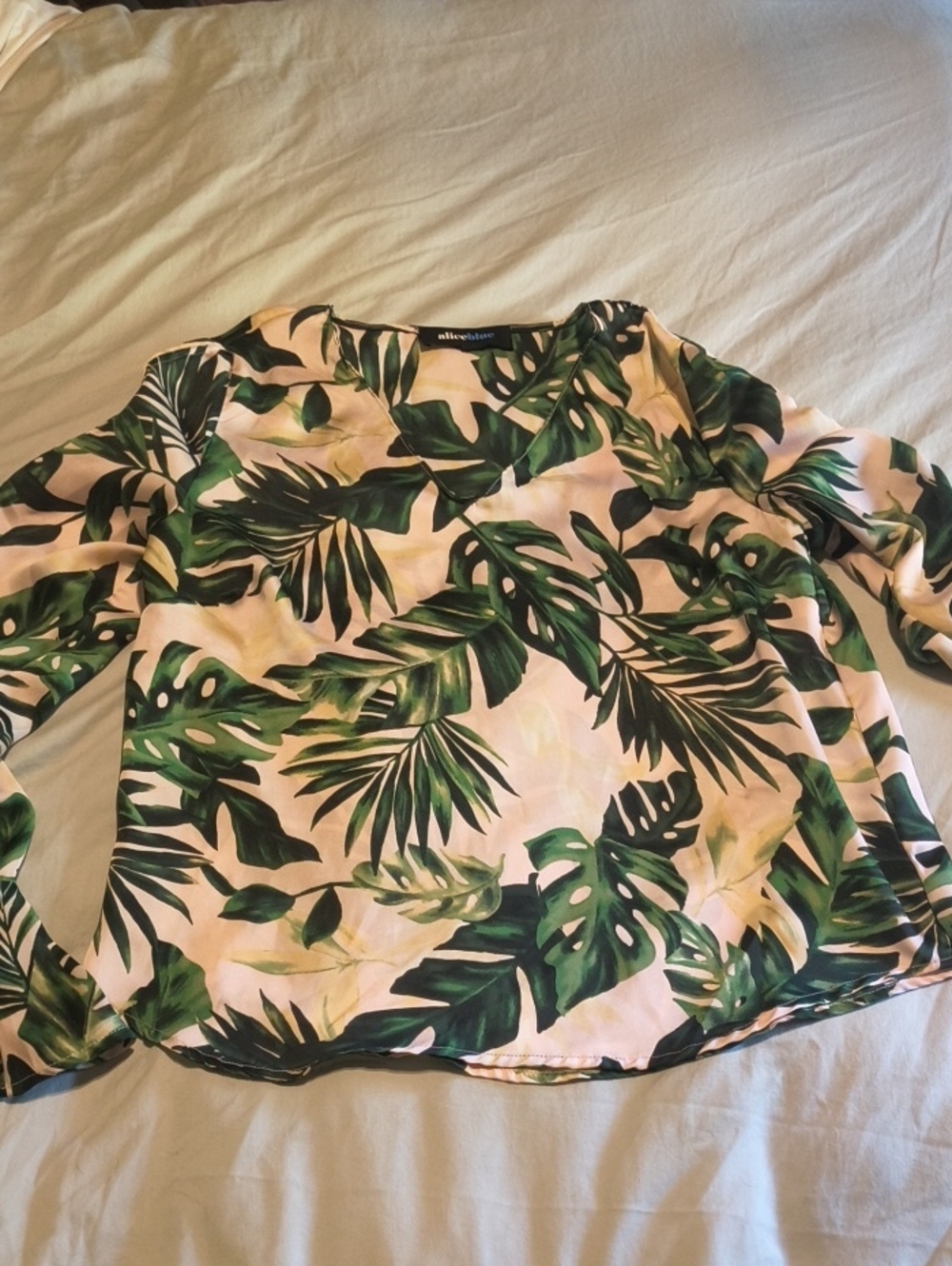 Alice Blue Pink Tropical Leaf V-Neck Blouse with Green Print